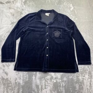 Hot Cotton Velour Pajama Top Blue Embellished Pocket Button Up Shirt XL